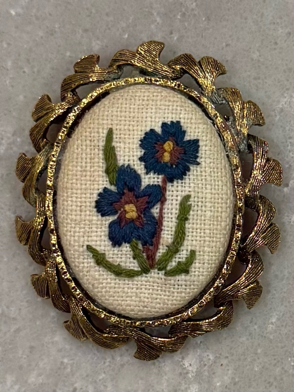 Vintage Embroidered Floral Brooch Pendant Gold Tone Blue Flowers Needlepoint
